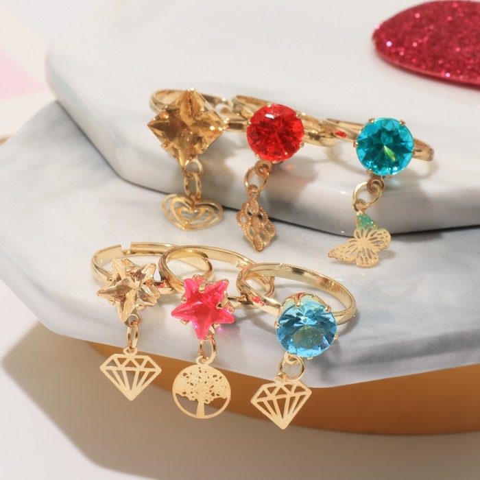 Кольца детские набор 12шт «Выбражулька» с подвеской, форма МИКС, цвет МИКС в золоте, б-р Кольца детские набор 12шт «Выбражулька» с подвеской, форма МИКС, цвет МИКС в золоте, б-р