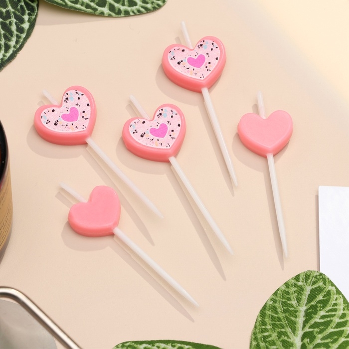 Набор свечей для торта, 5 шт  Набор свечей для торта, 5 шт "Сердца", розовый