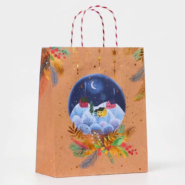 Новый год. Пакет бумажный подарочный новогодний крафт Новый год. Пакет бумажный подарочный новогодний крафт "Рождественский стекляный шар" 26 х 32 х 12 см.