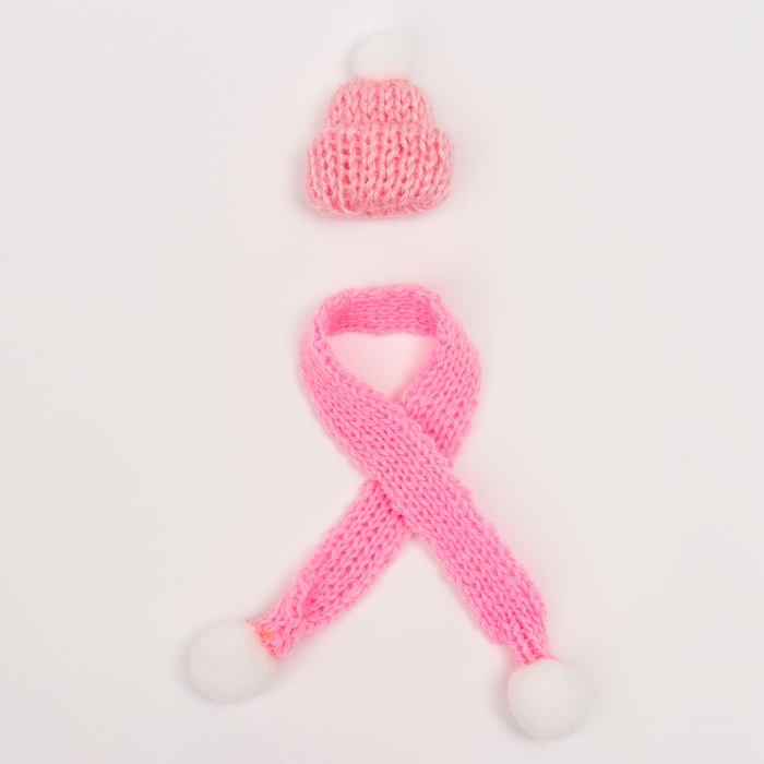 Вязаные шапка и шарфик для игрушек, цвет розовый Вязаные шапка и шарфик для игрушек, цвет розовый