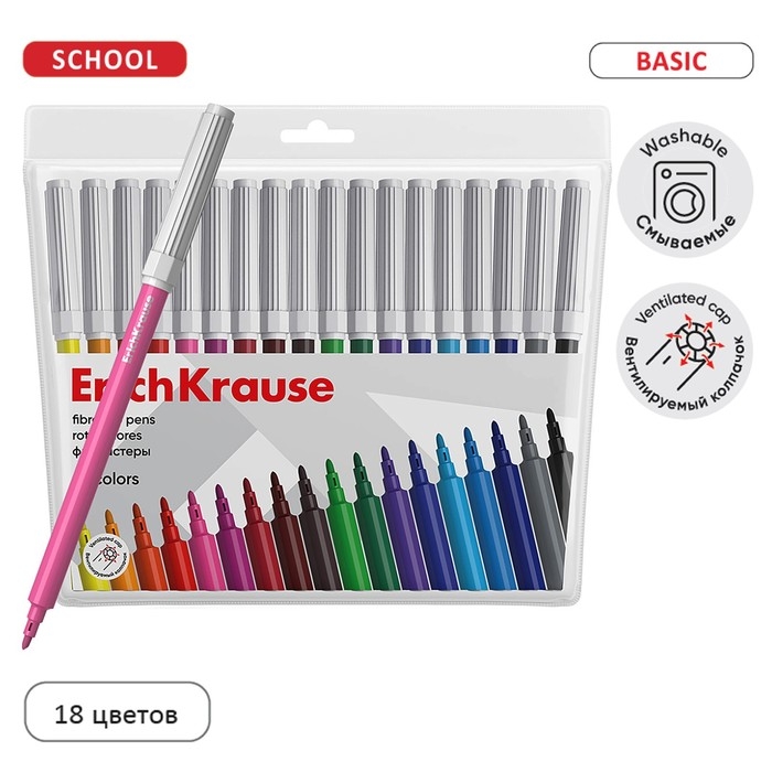 Фломастеры 18 цветов, ErichKrause, Basic, на водной основе, яркие цвета, вентилируемый колпачок Фломастеры 18 цветов, ErichKrause, Basic, на водной основе, яркие цвета, вентилируемый колпачок