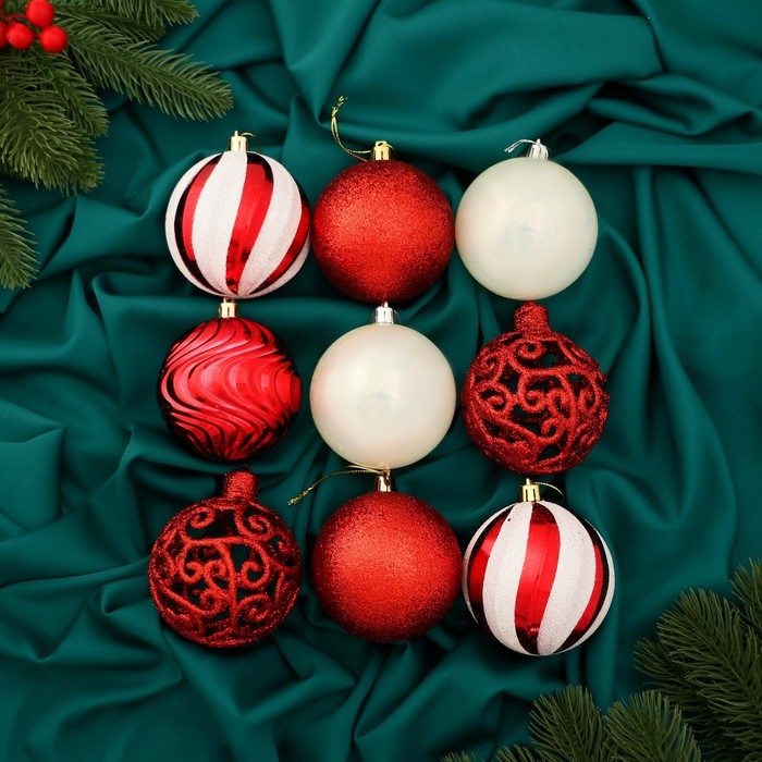 Набор шаров пластик d-8 см, 9 шт Набор шаров пластик d-8 см, 9 шт "Мелодия" орнамент полосы, бело-красный