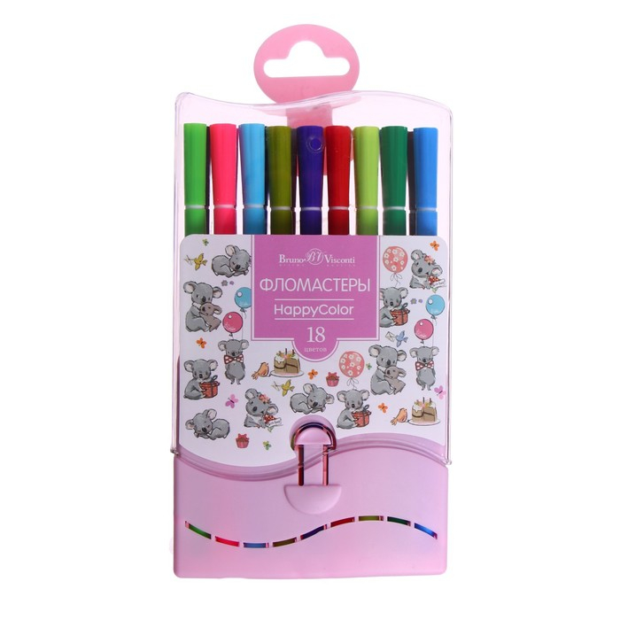 Фломастеры 18 цветов HappyColor, на водной основе, в пластиковом пенале, МИКС Фломастеры 18 цветов HappyColor, на водной основе, в пластиковом пенале, МИКС
