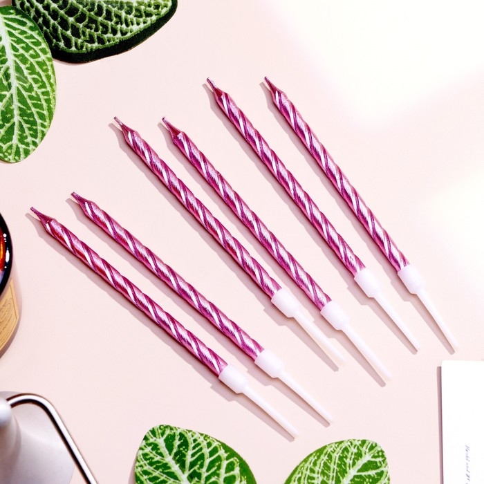 Свечи в торт витые с подставкой, 6 шт, 11 см, розовый блик Свечи в торт витые с подставкой, 6 шт, 11 см, розовый блик