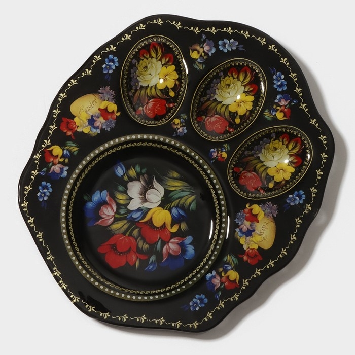 Подставка стеклянная для яиц Доляна «Жостовская роспись», 3 ячейки, 21×18 см, цвет чёрный Подставка стеклянная для яиц Доляна «Жостовская роспись», 3 ячейки, 21×18 см, цвет чёрный