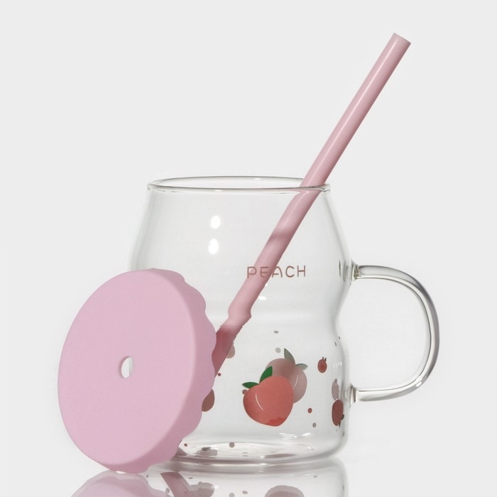 Кружка стеклянная с силиконовой крышкой и трубочкой «Фрутис», 400 мл, цвет МИКС Кружка стеклянная с силиконовой крышкой и трубочкой «Фрутис», 400 мл, цвет МИКС