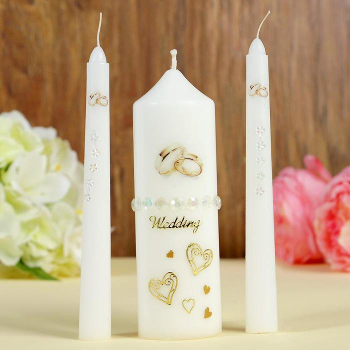 Набор свадебных свечей с бусинами  Набор свадебных свечей с бусинами "Обручальные кольца", белый, ручная работа, микс