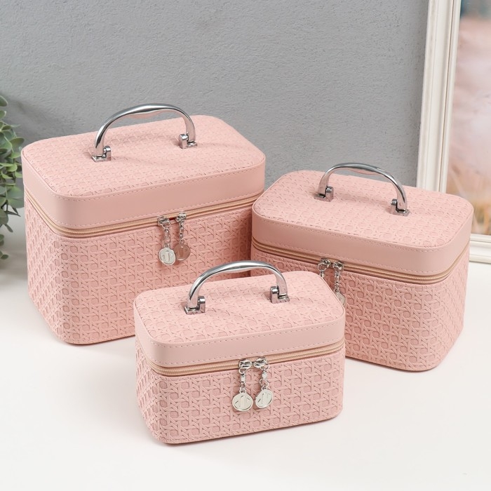 Шкатулка кожзам с зеркалом  Шкатулка кожзам с зеркалом "Вязка. Розовый" набор 3 шт 21х13,5х13;18,5х10,5х10;16,5х15х23 см