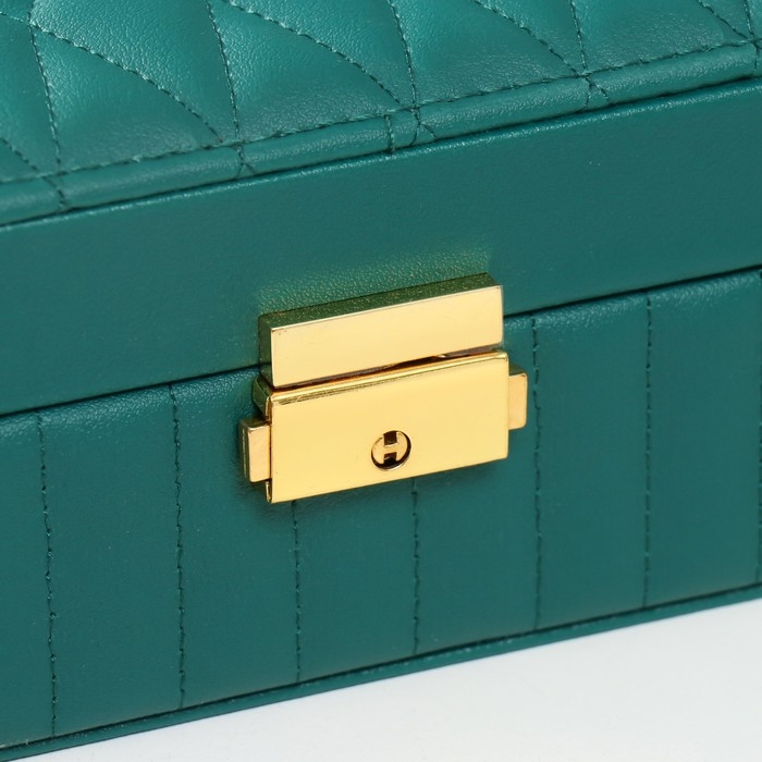 Шкатулка кожзам для украшений  Шкатулка кожзам для украшений "Ромбики. На кнопке" зелёная 7,5х24,5х18,5 см