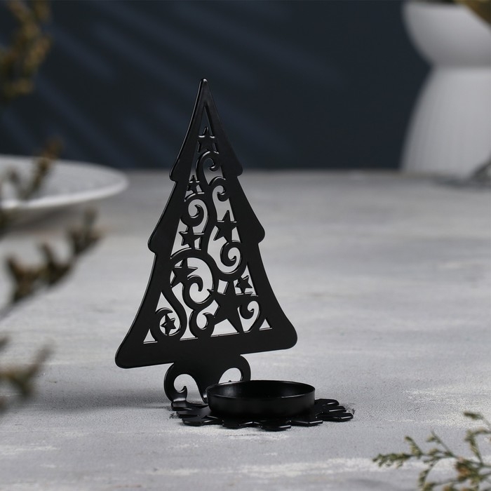 Новый год Подсвечник Новый год Подсвечник "Ёлка со звездами" металл на одну свечу, 6,6х10х13 см, черный