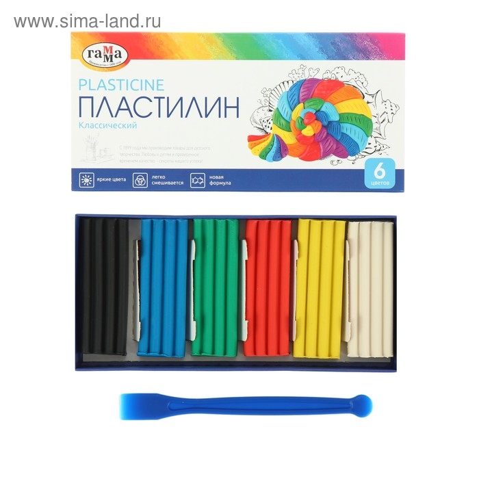 Пластилин 6 цветов 120 г, Пластилин 6 цветов 120 г, "Классический", со стеком