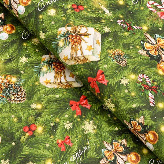 Новый год. Бумага упаковочная глянцевая  Новый год. Бумага упаковочная глянцевая "Новогодние игрушки", 70 х 100 см,1 лист