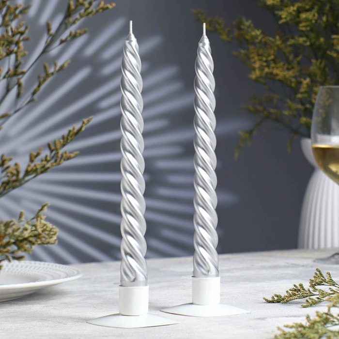 Набор свечей витых, 2,3х 24,5 см, 5 ч, 50 г, 2 штуки, серебряный Набор свечей витых, 2,3х 24,5 см, 5 ч, 50 г, 2 штуки, серебряный