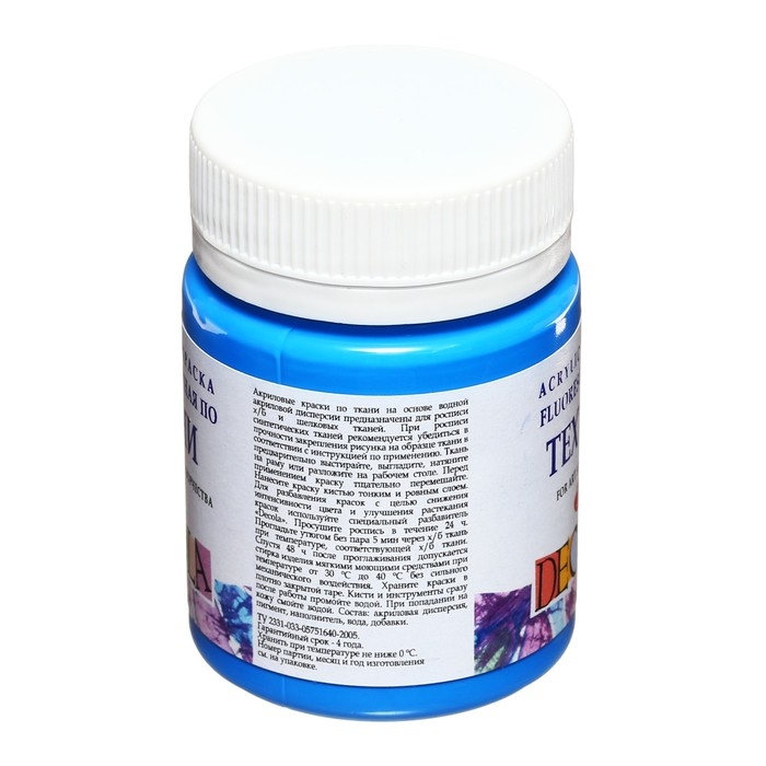 Краска по ткани, банка 50 мл, ЗХК Decola, Fluo флуоресцентная Голубая, акриловая на водной основе, 5128513 Краска по ткани, банка 50 мл, ЗХК Decola, Fluo флуоресцентная Голубая, акриловая на водной основе, 5128513