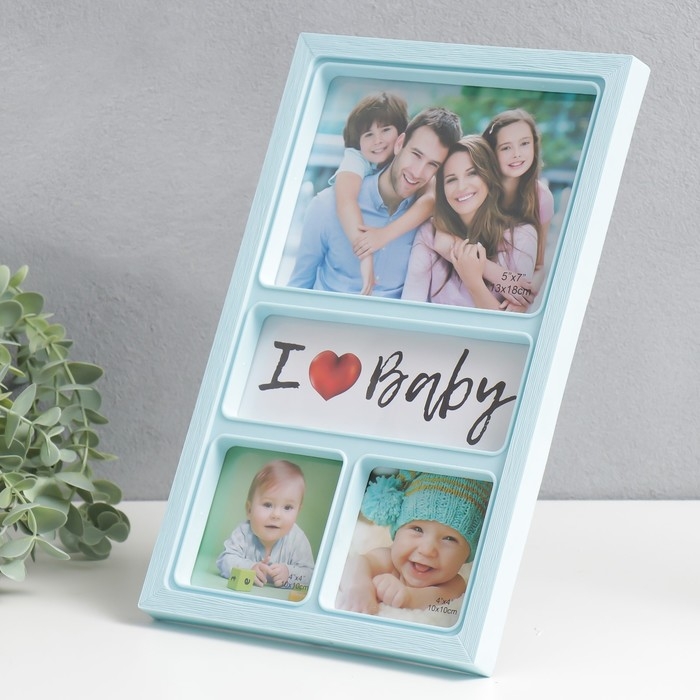 Фоторамка пластик на 3 фото 10х10 см, 13х18 см  Фоторамка пластик на 3 фото 10х10 см, 13х18 см "Лион" голубая 32х20 см