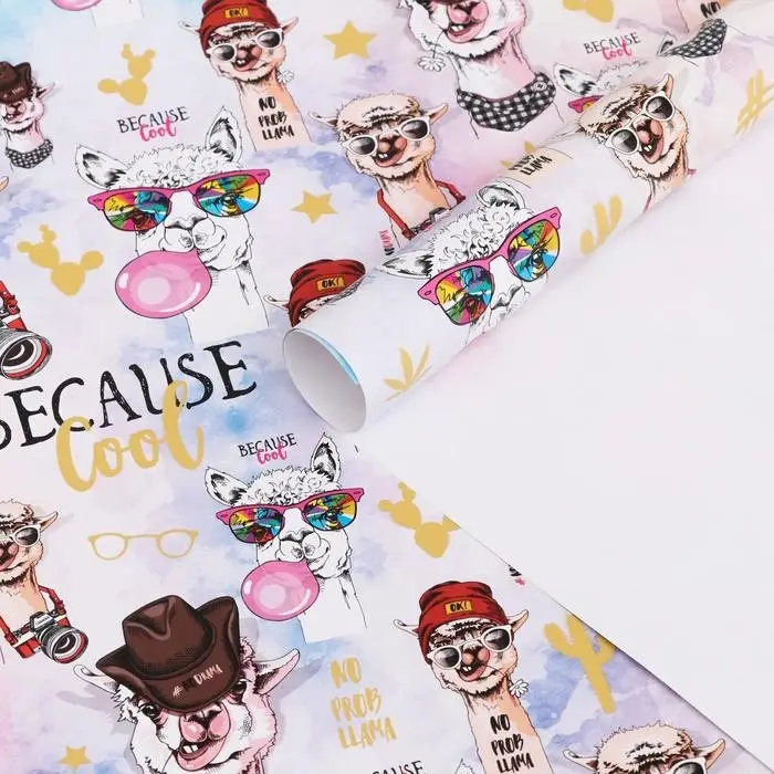 Бумага глянцевая односторонняя с золотым лаком "Клёвая лама", 2 листа, 0,5 х 0,7 м