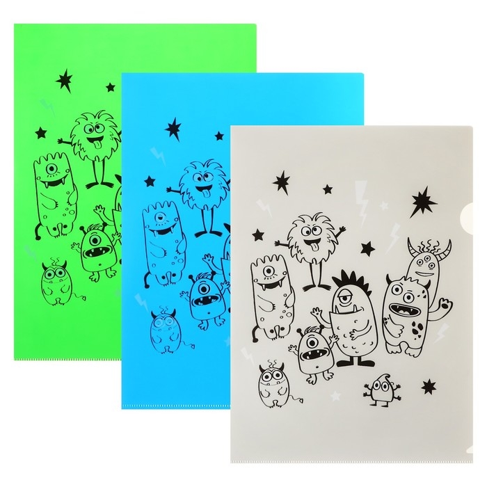 Набор папок-уголков А4, 180 мкм, Calligrata Набор папок-уголков А4, 180 мкм, Calligrata "Монстрики", полупрозрачные, 6 штук, с принтом, микс