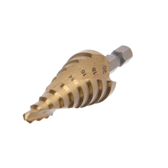 Сверло ступенчатое ТУНДРА ПРОФИ, HSS, TiN, спиральный профиль, шестигран. хвостовик, 4-20 мм Сверло ступенчатое ТУНДРА ПРОФИ, HSS, TiN, спиральный профиль, шестигран. хвостовик, 4-20 мм