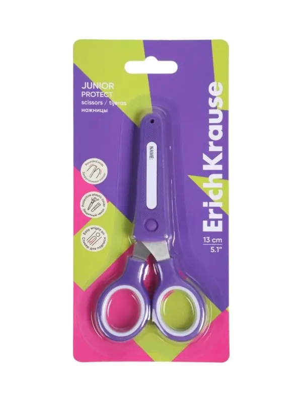 Ножницы детские ErichKrause Junior Protect, 13 см, с пластиковым чехлом и именным стикером, в блистере, МИКС