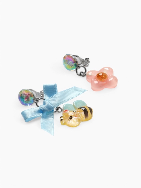 Серьги-клипсы детские  Серьги-клипсы детские "Выбражулька" пчела с бантом, цветок с кругом кристалл, цветные