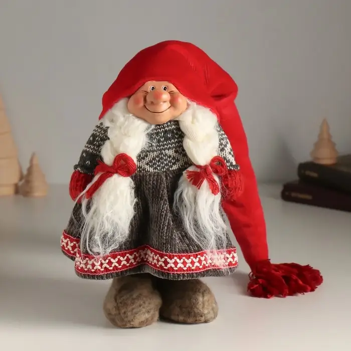 Кукла интерьерная Кукла интерьерная "Бабусечка в длинном красном колпаке и сером платье" 25 см