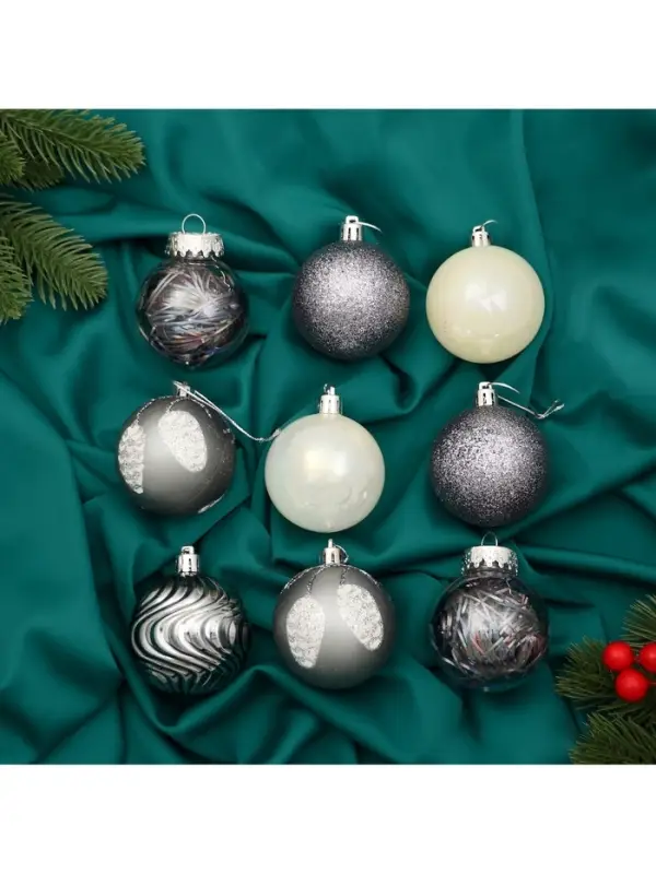 Ёлочные игрушки &laquo;Мелодия&raquo; волны диско, шары новогодние, d=6 см, набор 9 шт. серый/белый