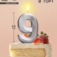 Свеча в торт «Цифра 9», серебряная, 6.5 см