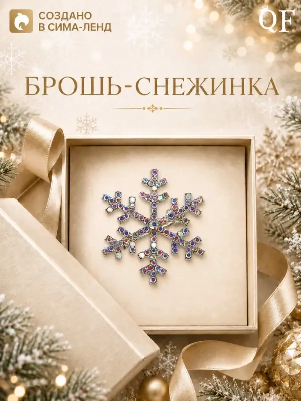 Брошь новогодняя &laquo;Снежинка&raquo;, маленькая, радужная в серебре