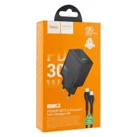 Сетевое зарядное устройство с кабелем Type-C на Type-C PD30W + USB QC3.0 N71 HOCO черное