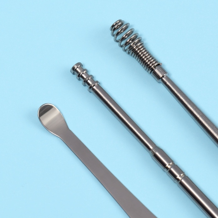 Набор для чистки ушей, 3 предмета, 9 × 2,8 × 1,3 см, в футляре, цвет серебристый Набор для чистки ушей, 3 предмета, 9 × 2,8 × 1,3 см, в футляре, цвет серебристый