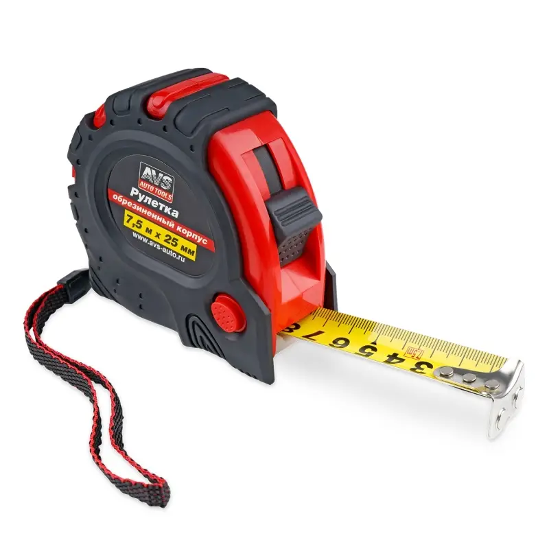 Рулетка 7,5м х 25 мм обрезиненный корпус (3 фиксатора, зацеп с магнитом) AVS MT7525RM