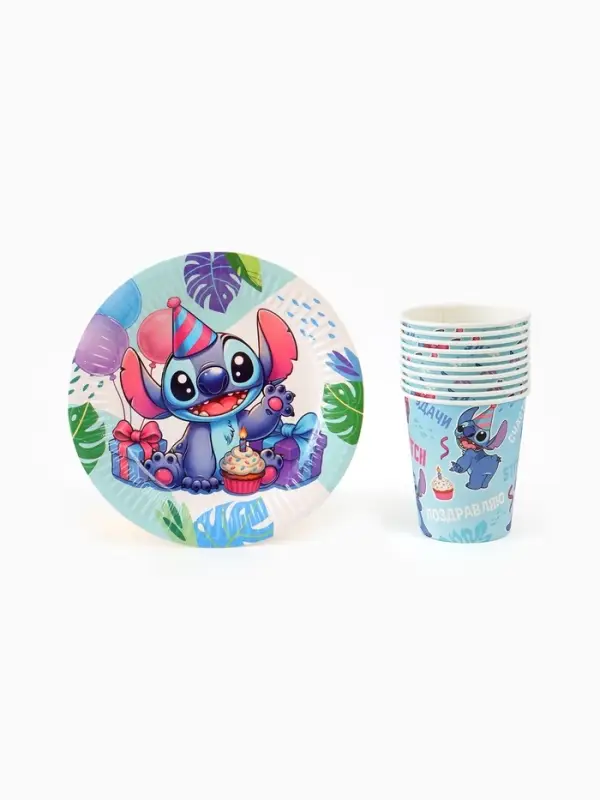 Посуда одноразовая бумажная на 10 персон: стаканы, тарелки, скатерть, Стич Посуда одноразовая бумажная на 10 персон: стаканы, тарелки, скатерть, Стич