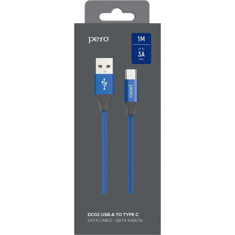 Кабель USB PERO DC-02 Type-C, 3А, 1м, синий