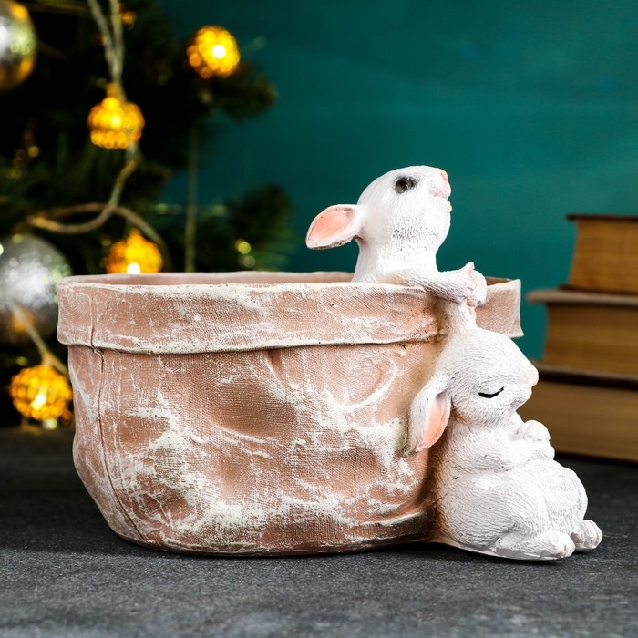 Кашпо-органайзер  Кашпо-органайзер "Кролик в лукошке" бежевый, 14х17х20 см