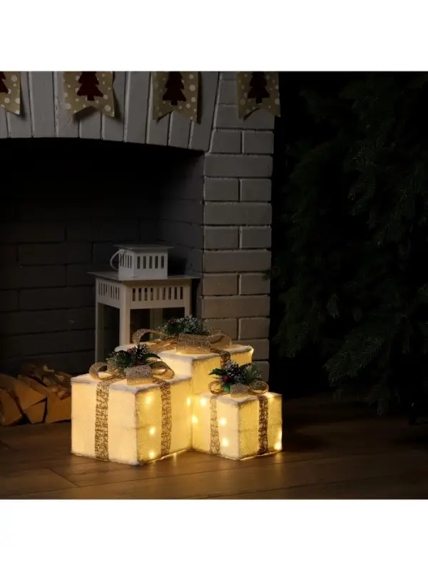 Светодиодная фигура &laquo;Подарки с бежевой лентой&raquo; 15, 20, 25 см, текстиль, металл, 220 В, свечение тёплое белое