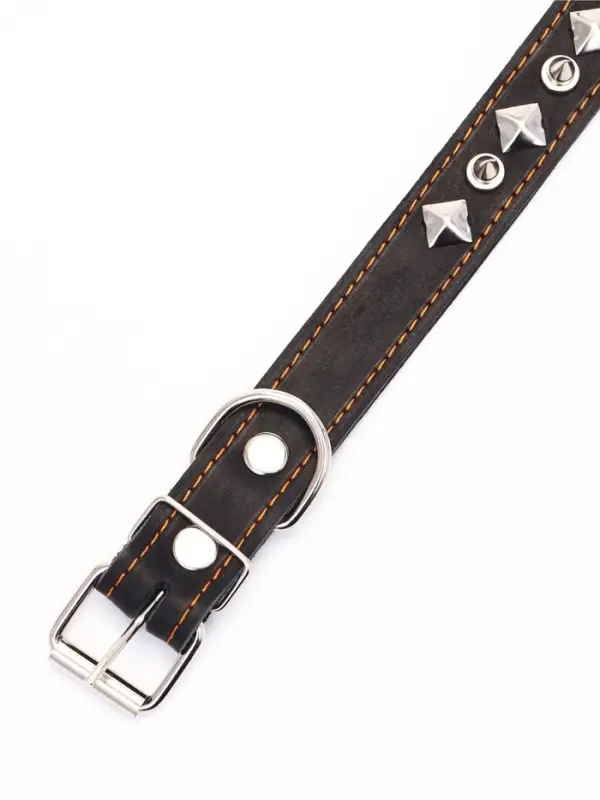 Ошейник кожаный двухслойный шипованный, 63&times;3 см, ОШ 40-55 см, чёрный