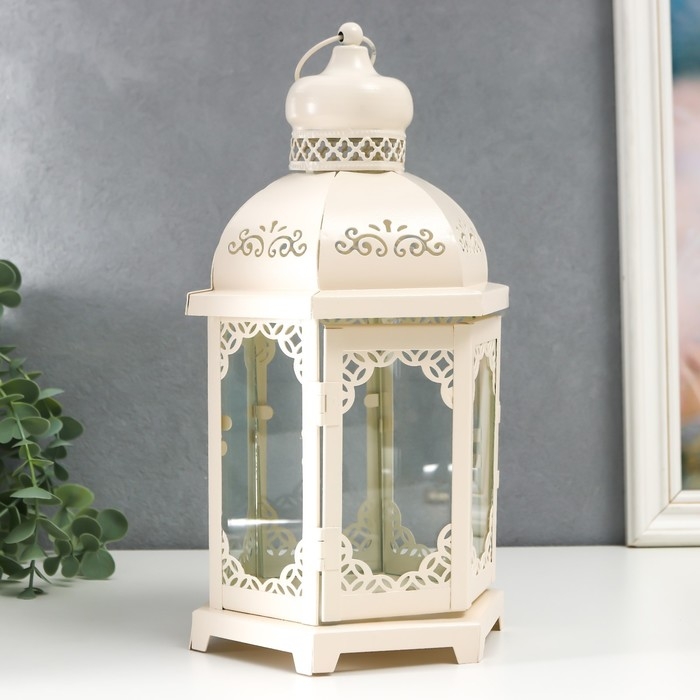 Подсвечник металл, стекло Подсвечник металл, стекло "Фонарь - цветущие вензеля" d-10 см белый 13,5х15х29 см