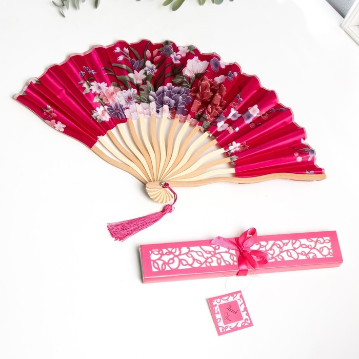 Веер бамбук, текстиль h=21 см изгиб, с кистью  Веер бамбук, текстиль h=21 см изгиб, с кистью "Цветы" в коробке, ярко-розовый