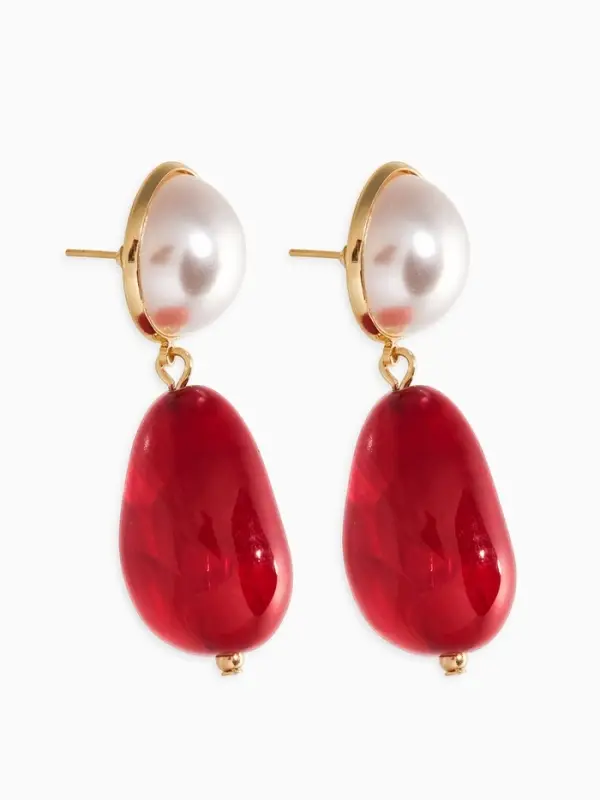 Серьги акрил с жемчугом &laquo;Капля&raquo;, бордово-белые в золоте