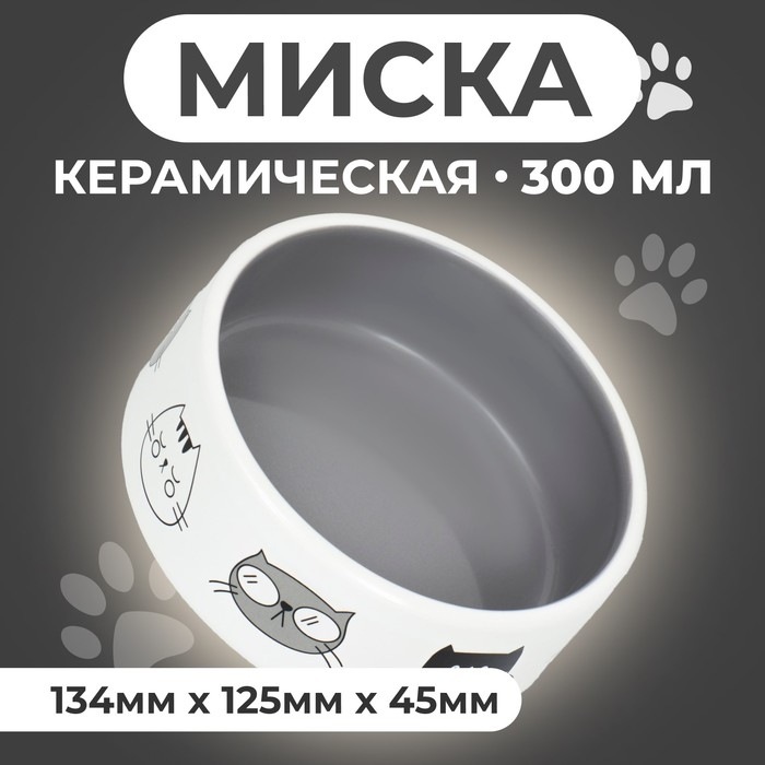 Миска керамическая  Миска керамическая "Четыре кота" 300 мл  12,5 x 4,5 cм, белая/серая