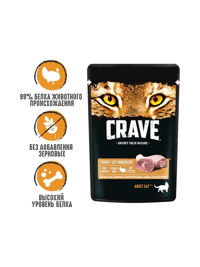 Влажный корм Crave для кошек, пауч индейка в желе, 70г Влажный корм Crave для кошек, пауч индейка в желе, 70г
