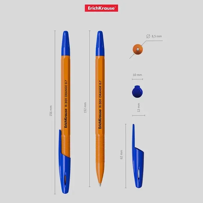 Ручка шариковая ErichKrause R-301 Orange Stick, узел 0.7 мм, чернила синие, длина линии письма 2000 метров, штрихкод на ручке