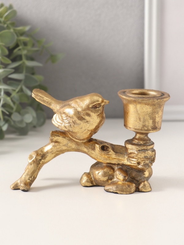 Подсвечник полистоун на 1 свечу "Воробышек на коряге" состаренное золото 14х6,5х8,8 см