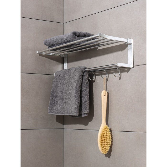 Полка откидная с держателем полотенец, 5 двигающихся крючков, 59,5×20,5×15 см, алюминий Полка откидная с держателем полотенец, 5 двигающихся крючков, 59,5×20,5×15 см, алюминий