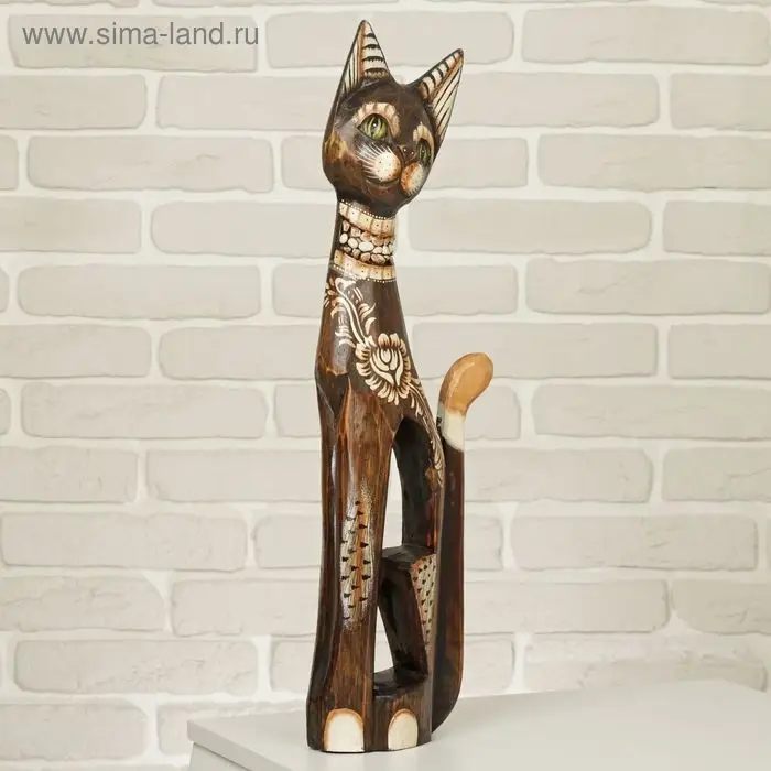 Сувенир дерево "Кошка в ошейнике из камней и с расписным цветком" 60х12х6 см