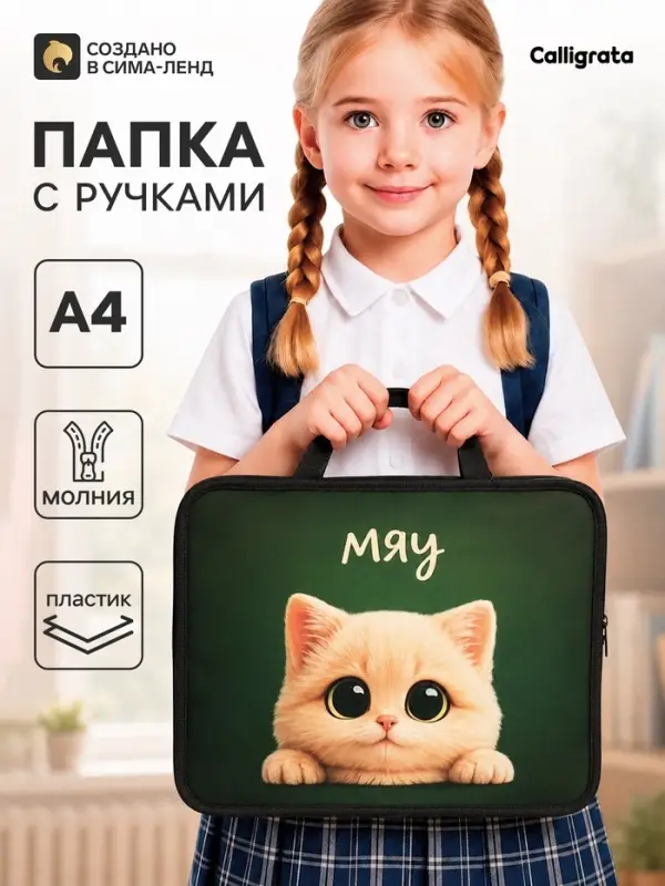 Папка с ручками Calligrata &laquo;Кот&raquo;, А4, 75 мм, 328&times;260, пластик