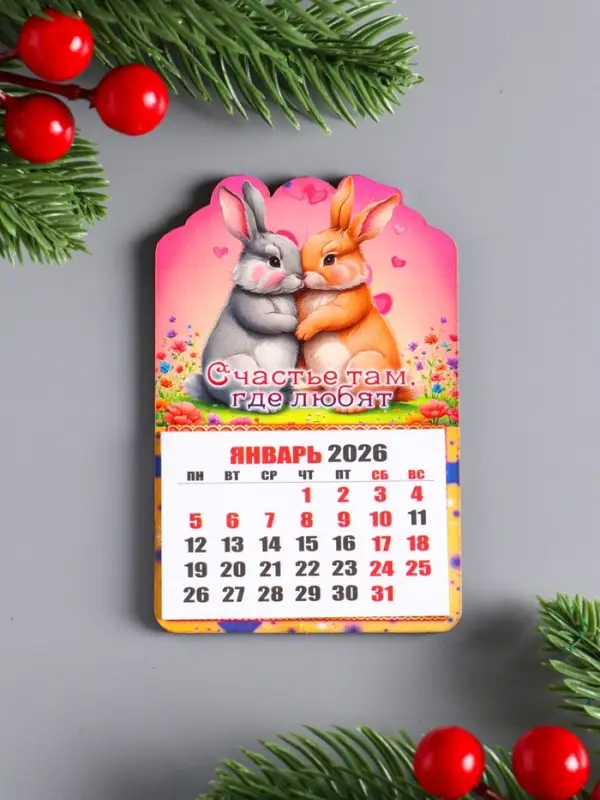 Магнит-календарь, отрывной, зайцы "Счастье там, где любят" 9,5х6,5 см