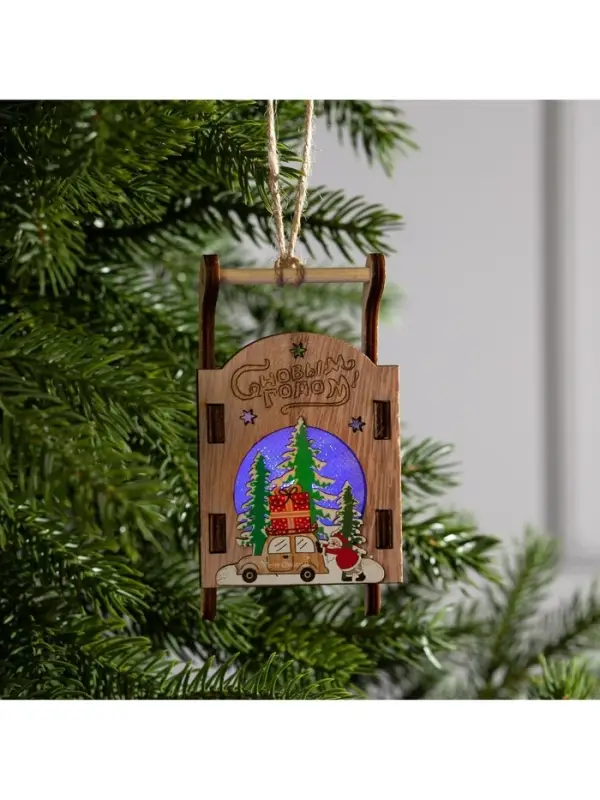 Ёлочная игрушка &laquo;Сани с Дедом Морозом и машиной&raquo;, от батареек LR41&times;3, свечение RGB