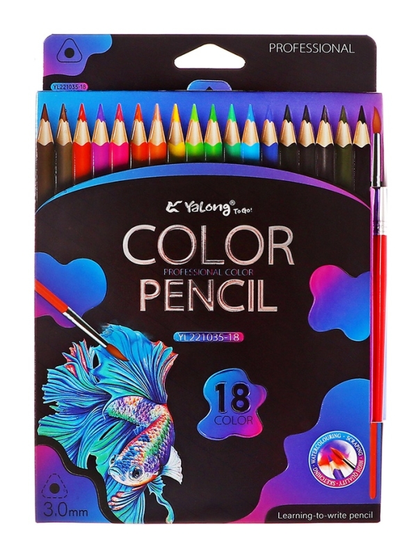 Карандаши акварельные 18 цветов, в картонной коробке, треугольные, дерево, с кистью, Рыбка   1055329 Карандаши акварельные 18 цветов, в картонной коробке, треугольные, дерево, с кистью, Рыбка   1055329