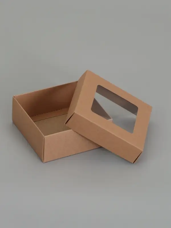 Коробка складная, крышка-дно,с окном, крафт, 12 х 12 х 5 см